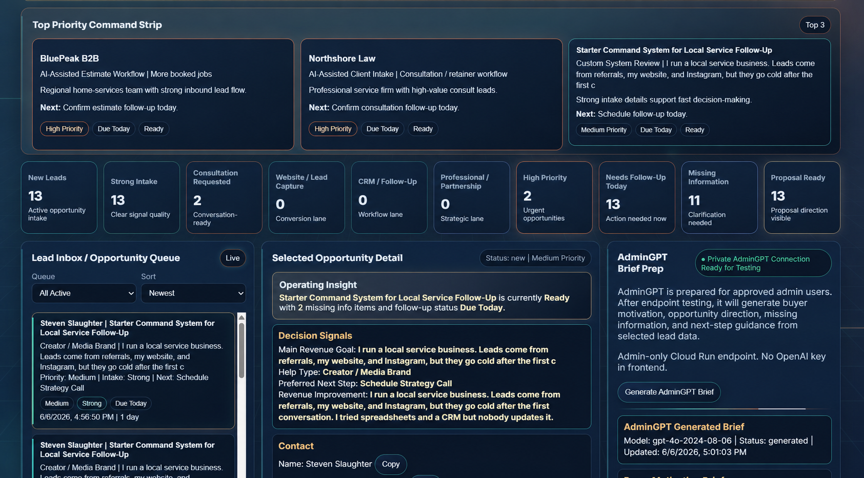 Public-safe CRM workflow walkthrough showing lead capture, signals, opportunity tracking, follow-up lanes, and review preparation.